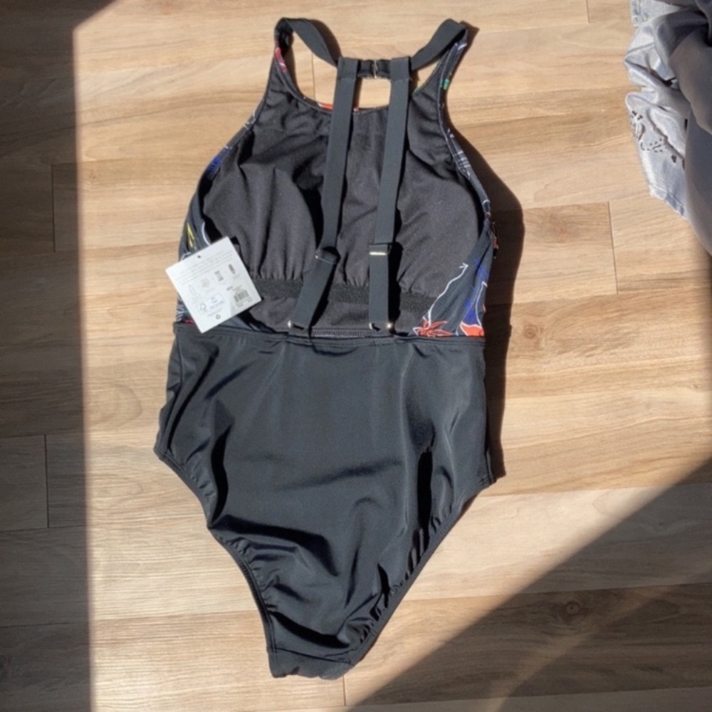 Ecobeach one piece swimsuit high neck black w floral printed swimsuit  L - Picture 8 of 17
